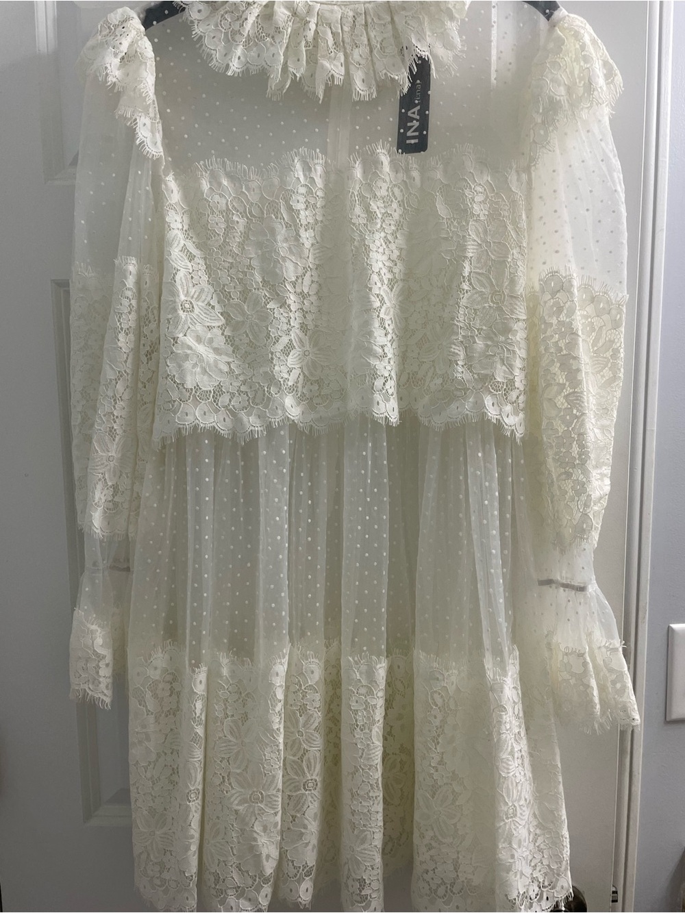 Ina Cream Lace & Dotted Tulle Long-Sleeve Midi Dress